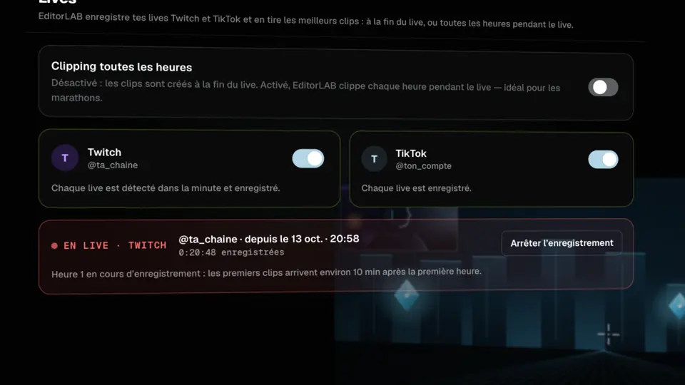 Page Lives d’EditorLAB : comptes Twitch et TikTok activés, live en cours d’enregistrement