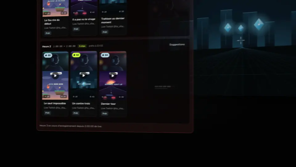 Carte « En live » : chaque heure du live et ses clips, prêts pendant le stream