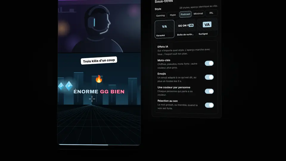 Mot-clé mis en valeur et emoji posé par l’IA dans un clip