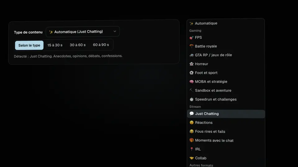 Choix du type de contenu : détecté d’après la catégorie Twitch, ou Personnalisée